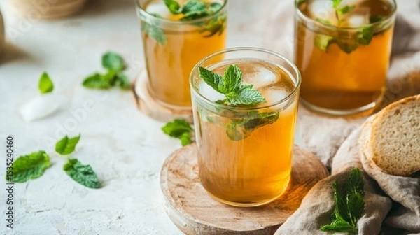 Obraz Refreshing iced tea served in clear glasses with fresh mint leaves, placed on wooden coasters, surrounded by green mint sprigs and soft linen, creating a cozy beverage scene