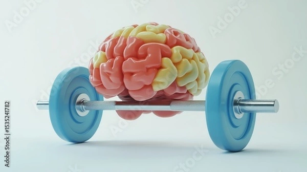 Obraz Colorful brain illustration resting on a barbell with blue weights, symbolizing mental strength and fitness, showcasing the connection between physical and mental health