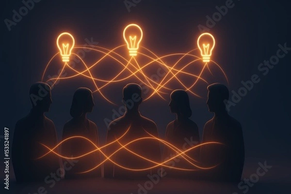 Obraz Creative Collaboration Concept with People and Light Bulbs Symbolizing Ideas and Connections