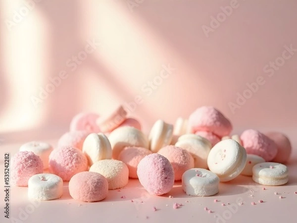 Obraz Pastel Candy Flatlay with Soft Shadows: Flatlay of soft pastel-colored candies such as marshmallows, sugar hearts, and chewy rounds placed gently with soft natural light and mild shadows.