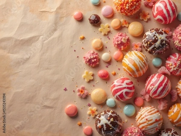 Obraz Vintage Candy Flatlay on Wrinkled Paper: Flatlay of retro candies like striped hard candy, rock candy, and classic licorice on vintage-styled paper with warm tones and soft wrinkles.