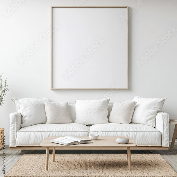 Obraz Serene living room featuring a blank canvas plush cozy sofa and soft natural light