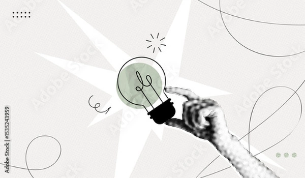 Fototapeta Trendy Halftone Collage Hand holds lightbulb. Creative mind or brainstorm. Create creative idea concept. Business solutions. Think outside the box. Marketing time. Contemporary vector illustration art