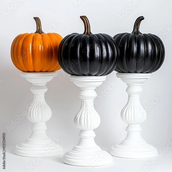 Fototapeta Three pumpkins are showcased in a minimalist setting, with two being orange and the other black, and the center pumpkin placed on a white pedestal, all set against a clean white background that