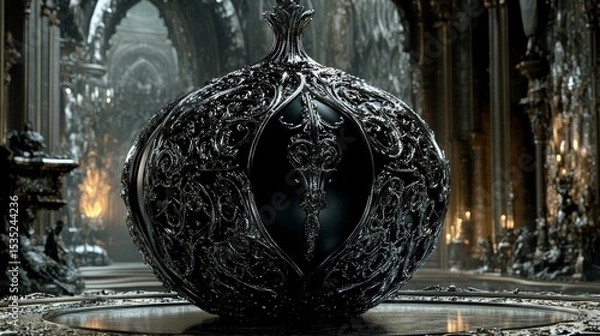 Fototapeta An ornate black pumpkin adorned with intricate patterns is positioned on a dark, gothic-style background, serving as a design concept for Halloween-themed posters, banners, greeting cards, and