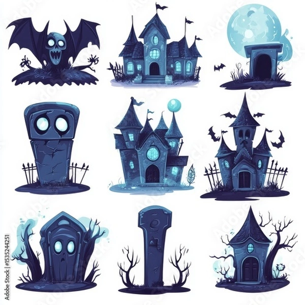 Fototapeta The concept of horror and monster stickers is illustrated through a collection of Halloween stickers, which include a variety of frightening images such as ghosts, tombstones, bats, and haunted
