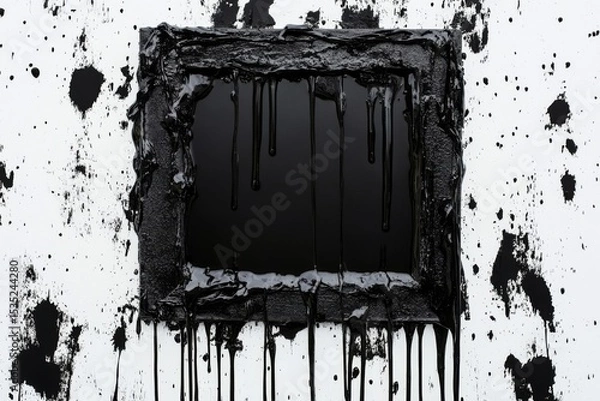 Fototapeta The concept of minimalist art is exemplified by an empty black frame with paint dripping from it, placed on a white background, and offering ample copy space for design and print purposes