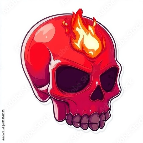 Fototapeta Isolated on a white background with a white border, a cartoon Halloween sticker depicts a red skull with flames in the eye sockets and crossbones, accentuated by dripping liquid, embodying the