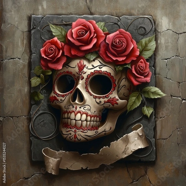 Fototapeta Intricate details, including red roses and lace, adorn an ornate sugar skull, which is beautifully set against a textured background for the Day of the Dead