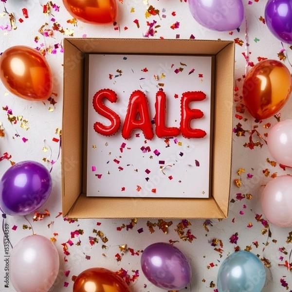 Fototapeta A white background serves as the foundation for a festive composition, comprising a box, an assortment of colorful balloons, and bold SALE text, further embellished by swirling confetti and