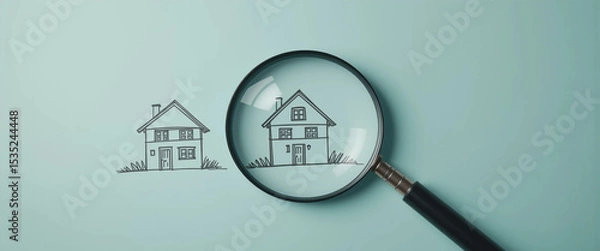 Fototapeta magnifying glass over hand-drawn house sketches on teal background