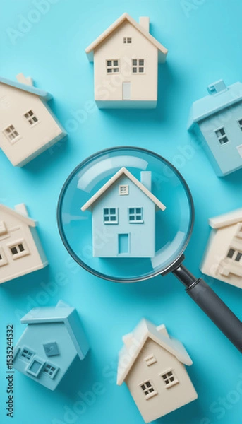 Fototapeta finding your dream home: magnifying glass over miniature houses on blue