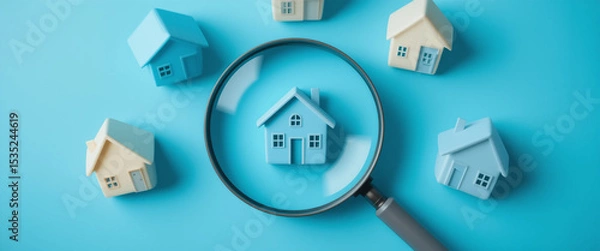 Fototapeta finding your dream home: magnifying glass over miniature houses on blue