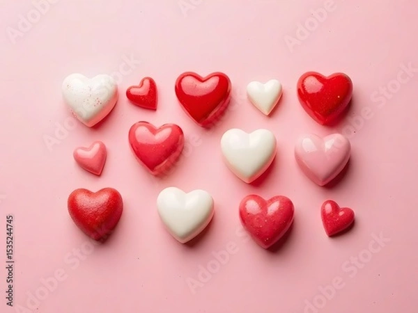 Obraz Heart-Shaped Candy Flatlay for Valentine’s Day: Flatlay of heart-shaped candies in red, pink, and white, arranged neatly in a romantic layout over a soft rose-colored background.