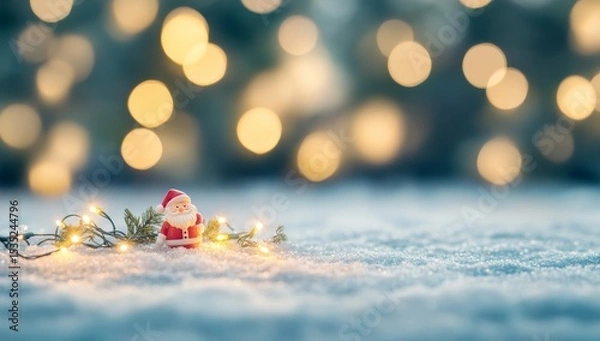 Fototapeta In a snowy winter scene, a cute Santa Claus figurine stands near a Christmas tree, surrounded by an assortment of gifts and decorations, embodying a festive holiday concept