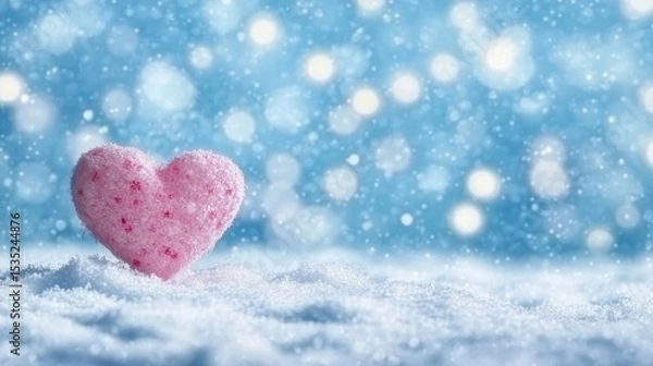 Fototapeta In the snow, a pink object in the shape of a heart is pictured, with a blurred bokeh light background and copy space, representing the idea of love during winter and Valentine's Day