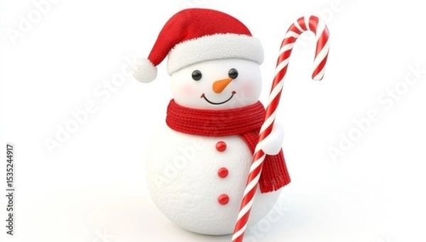 Fototapeta The cartoon illustration features a charming 3D snowman clad in a Santa hat, holding a candy cane, and positioned on a white background to represent a festive holiday character
