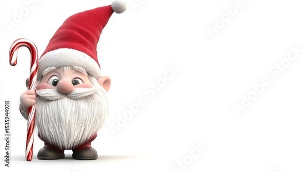 Fototapeta The image features a cute Scandinavian gnome figurine in a red hat, clutching a candy cane, posed on a white background, exemplifying a 3D Christmas character and holiday decoration concept