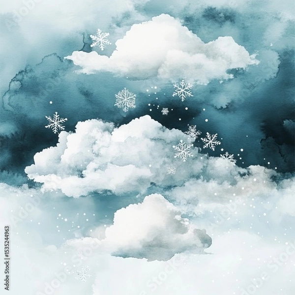 Fototapeta Watercolor cloud in abstract style with blue and white paint splatters set against a light background, ideal for incorporation into design, print, and graphic projects