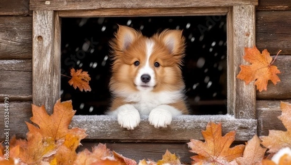 Fototapeta A wet puppy stands on a wooden deck amidst autumn leaves during a rainy fall day, providing ample copy space