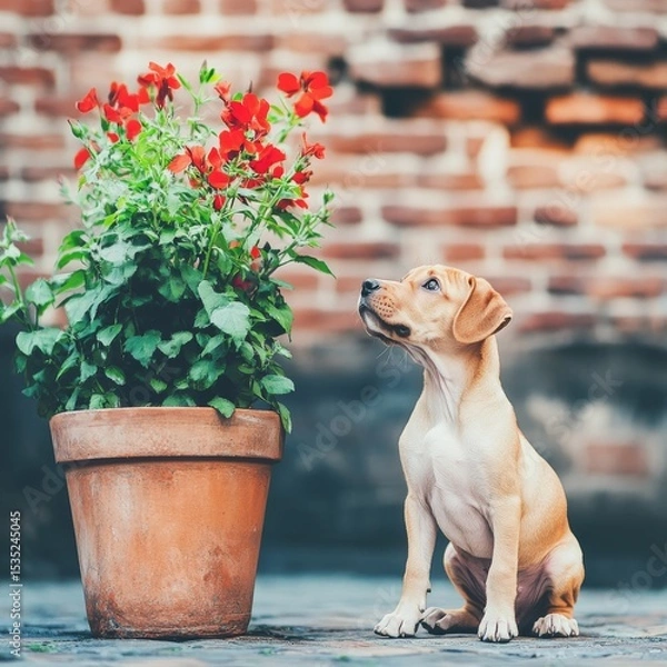 Fototapeta An endearing homeless puppy is positioned on a cobblestone street, featuring a brick wall and flowers in the background, rendered in warm tones and natural light