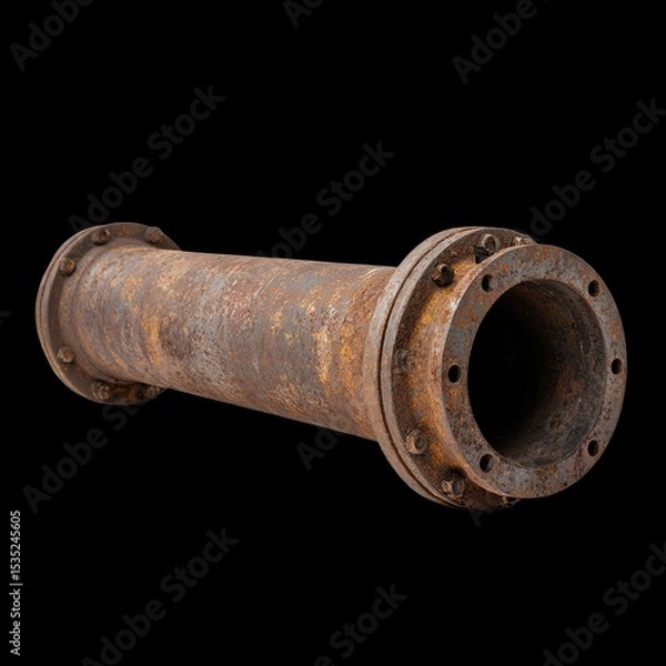 Fototapeta Rusty Industrial Pipe with Weathered Texture on Black Background