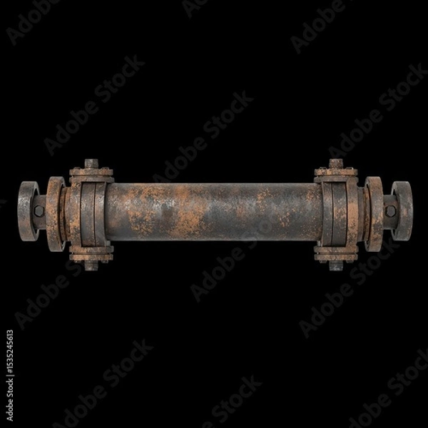 Fototapeta Rusty Industrial Pipe with Flanges and Dark Background Texture