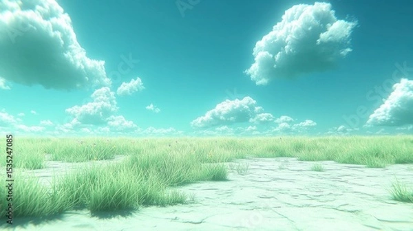 Fototapeta Vibrant Green Field Under Cloudy Blue Sky in Daylight
