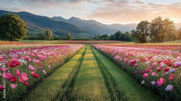 Fototapeta Blossom Field with Green Path Leading to Mountains Under Bright Sky
