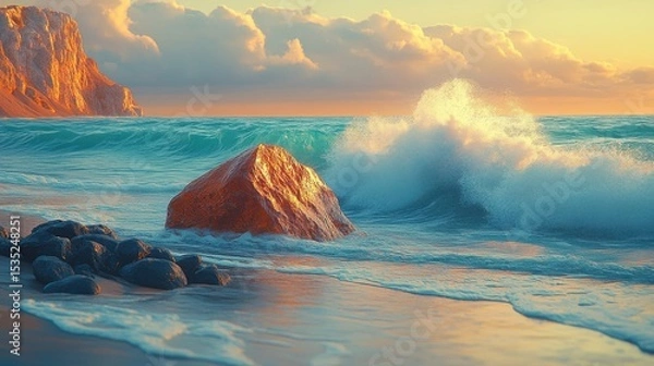 Fototapeta Seascape with Golden Light Splashing Waves on the Rocks Coastal Serenity