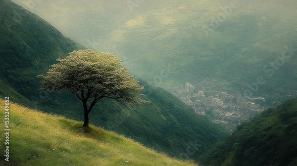 Fototapeta Scenic Mountain Valley Landscape with Solitary Tree in Grassy Field on Summer Day