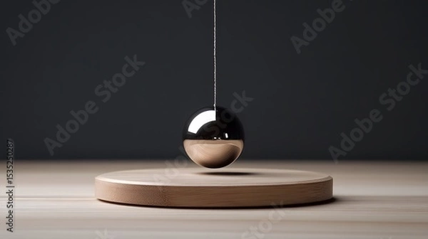 Fototapeta Polished sphere suspended on a string, resting on a wooden base.