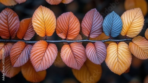 Fototapeta Colorful Autumn Leaves on Branch Macro Shot in Forest with Bokeh Background