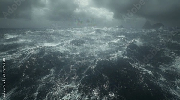 Fototapeta Overcast Sky over Sea With Dramatic Waves and Glistening Spray