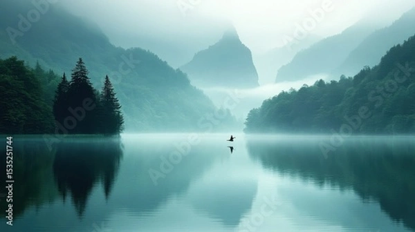 Fototapeta Misty Lake Mountain Landscape with Reflection Serene Nature Scenery Background