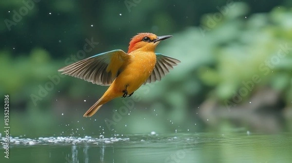 Fototapeta Rufous-backed Kingfisher Flying Over Water Surface in Lush Green Scenery