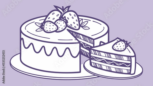 Fototapeta Round cake icon. Simple round cake icon with strawberries on top for social media, app, and web design. Vector illustration green purple background
