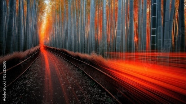 Fototapeta Blurred Motion Through Tall Tree Forest with Warm Light Streaks Visual Style