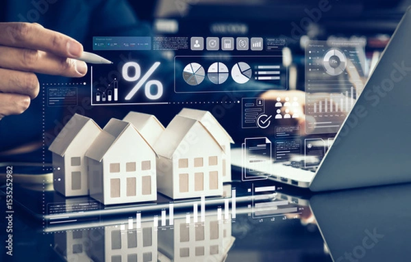 Fototapeta Financial for property or real estate management with person forecasting yield ratio and cost.Banking and loan concepts.business investment
