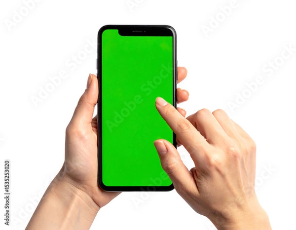Fototapeta Hand Swiping Right on Green Smartphone Screen Motion Blur