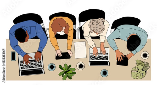 Fototapeta Team work business concept top view illustration. Business scene of men and women working together overhead view. Modern vector colored outline drawing Isolated on transparent background.
