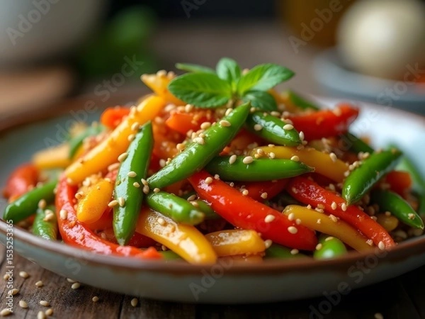 Obraz Crispy Sugar Snap Peas Stir Fry Delight: A vibrant stir-fry dish featuring fresh sugar snap peas, colorful bell peppers, and sesame seeds, served on a ceramic plate with a blurry kitchen background.