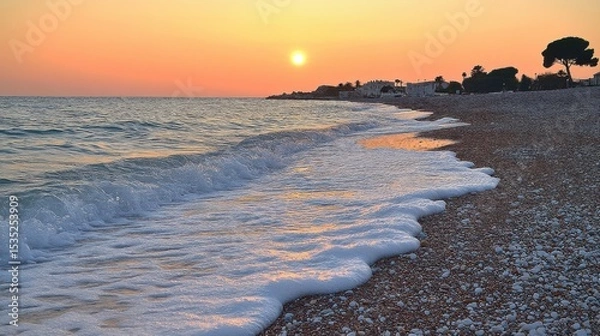Fototapeta Seascape at Dusk with Waves Crashing on Beach Rocky Coastline