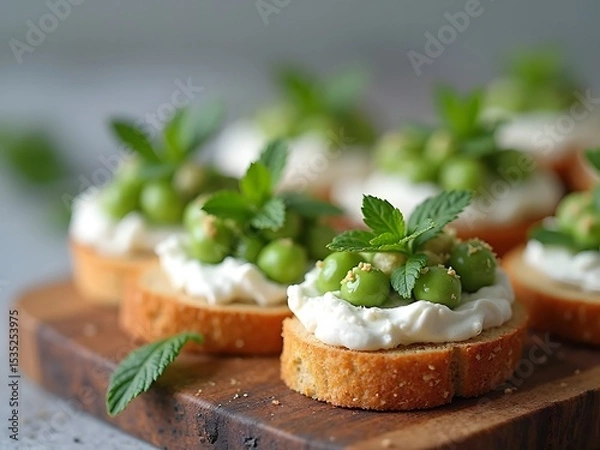 Obraz Sugar Snap Pea and Ricotta Crostini: Close-up of crunchy crostini topped with whipped ricotta and blanched sugar snap peas, garnished with mint, on a wooden board with a soft blurry background.