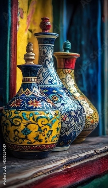 Fototapeta Colorful decorative ceramic jars arranged on a rustic wooden surface.