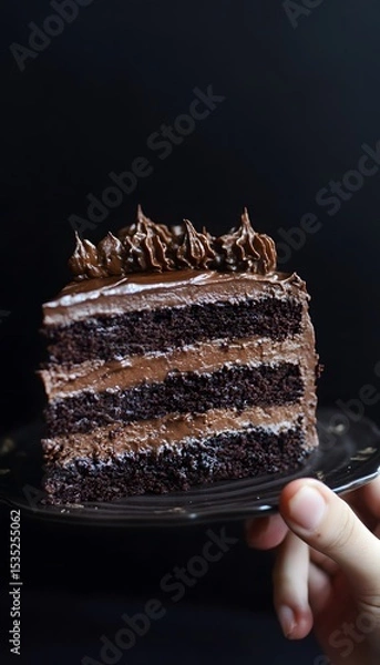 Fototapeta Chocolate layer cake slice with rich frosting.