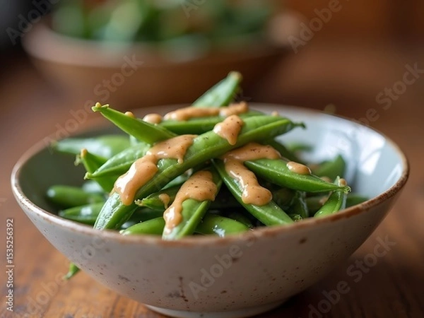 Obraz Sugar Snap Peas with Spicy Peanut Sauce: Close-up of sugar snap peas drizzled with spicy peanut sauce, served in a minimalist bowl with a blurred background suggesting a warm, cozy kitchen.