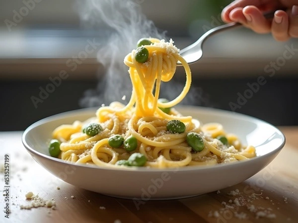 Obraz Creamy Pasta with Sugar Snap Peas and Parmesan: A steaming bowl of creamy pasta with sugar snap peas, sprinkled with freshly grated parmesan, captured with a soft-focus kitchen counter in the backgrou