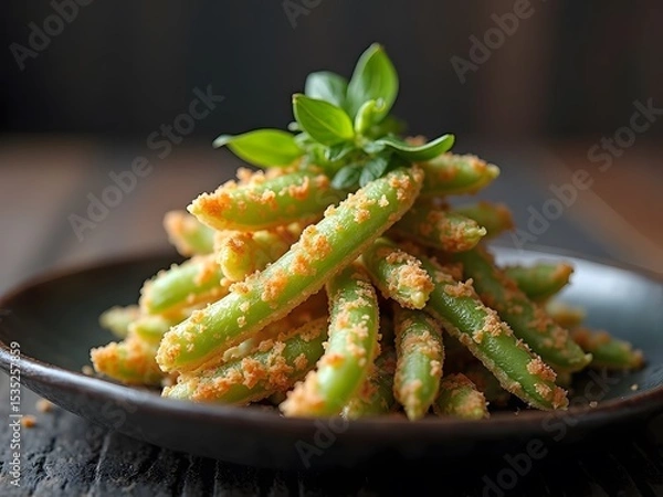 Obraz Sugar Snap Pea Tempura: Golden-fried sugar snap peas in light tempura batter, served on a black ceramic plate with a moody blurred background.