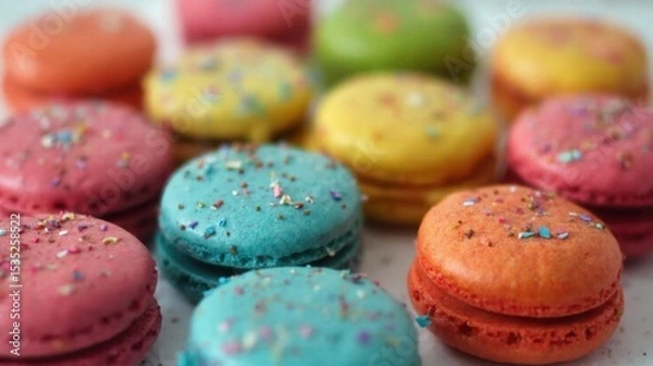 Fototapeta A vibrant array of macarons in pastel hues, each adorned with a delicate sprinkle of colorful sugar, invites the senses to indulge in sweetness and joy